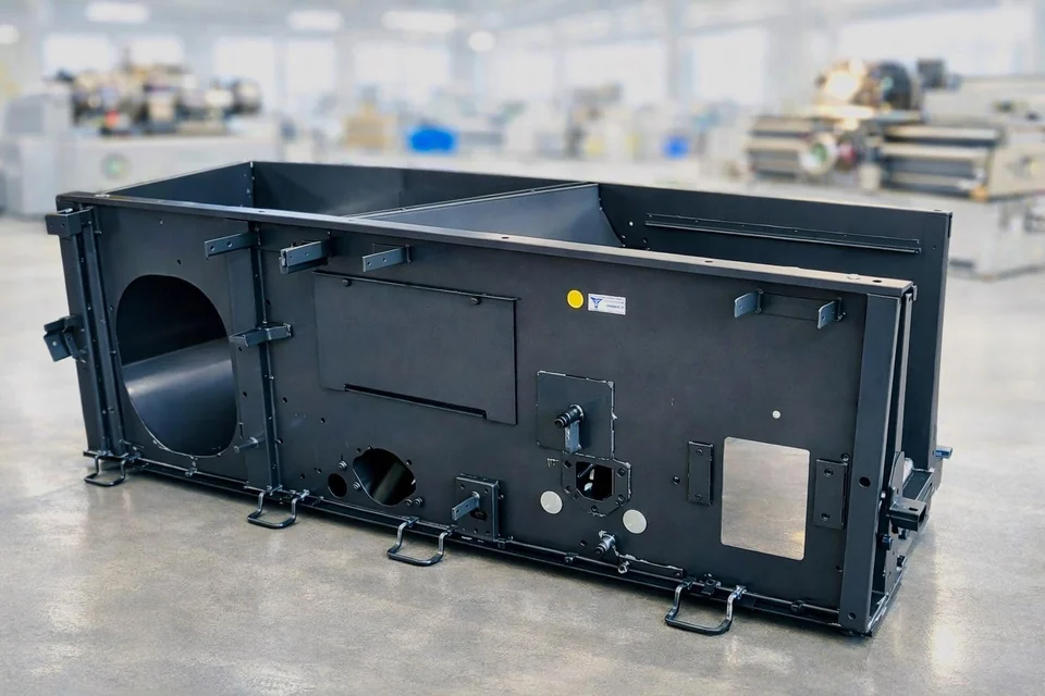 A finished dark metal machine housing in the workshop.