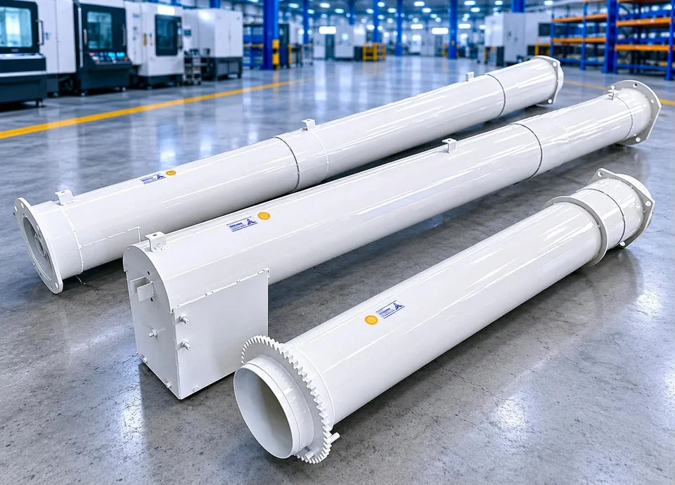 White finished auger tubes arranged on the factory floor.
