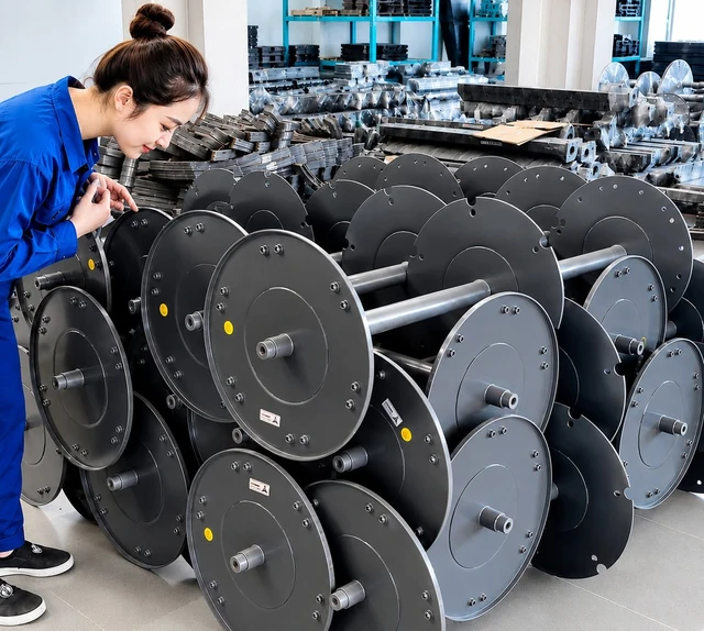 Technician inspecting rows of finished disc assemblies.