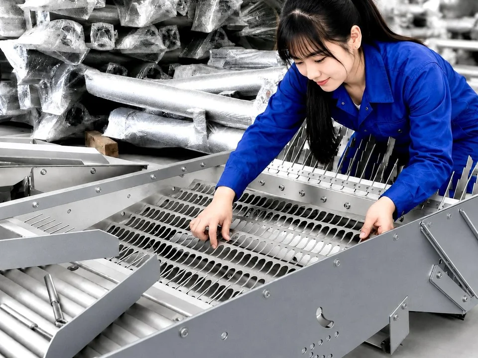 Technician inspecting a finished crop-handling assembly.